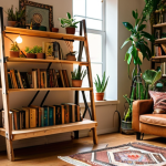 **Prompt:** A cozy living room scene featuring a bookshelf made from an upcycled wooden ladder, decorated with plants and books, warm lighting, bohemian style, focus on the unique character of the upcycled furniture, soft focus background.