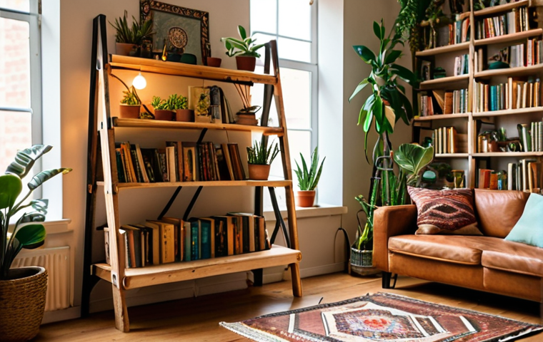 **Prompt:** A cozy living room scene featuring a bookshelf made from an upcycled wooden ladder, decorated with plants and books, warm lighting, bohemian style, focus on the unique character of the upcycled furniture, soft focus background.
