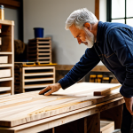 A professional artisan, fully clothed in appropriate, modest workshop attire, gently examining a piece of richly textured, reclaimed timber on a sturdy workbench. In the background, stacks of responsibly sourced, FSC-certified wood are neatly arranged, alongside various containers of low-VOC, natural paints and finishes. The scene is illuminated by soft, natural light, highlighting the intricate wood grain and the careful posture of the artisan's well-formed hands. The overall atmosphere is one of thoughtful craftsmanship and sustainable practice. Perfect anatomy, correct proportions, natural pose, natural body proportions, safe for work, appropriate content, family-friendly, high-resolution photography.
