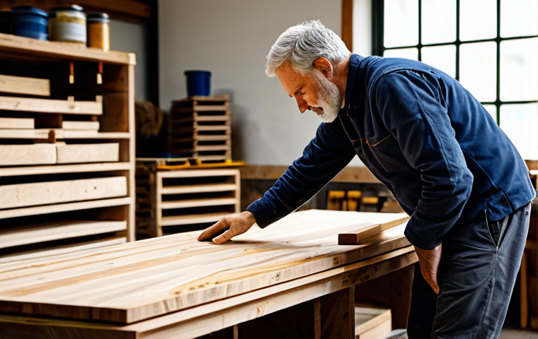 A professional artisan, fully clothed in appropriate, modest workshop attire, gently examining a piece of richly textured, reclaimed timber on a sturdy workbench. In the background, stacks of responsibly sourced, FSC-certified wood are neatly arranged, alongside various containers of low-VOC, natural paints and finishes. The scene is illuminated by soft, natural light, highlighting the intricate wood grain and the careful posture of the artisan's well-formed hands. The overall atmosphere is one of thoughtful craftsmanship and sustainable practice. Perfect anatomy, correct proportions, natural pose, natural body proportions, safe for work, appropriate content, family-friendly, high-resolution photography.