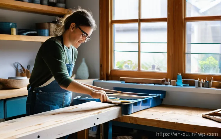 DIY 프로젝트에 대한 트렌드 분석 - **Prompt:** A vibrant, sunlit home workshop with a diverse group of friends, all casually dressed in...