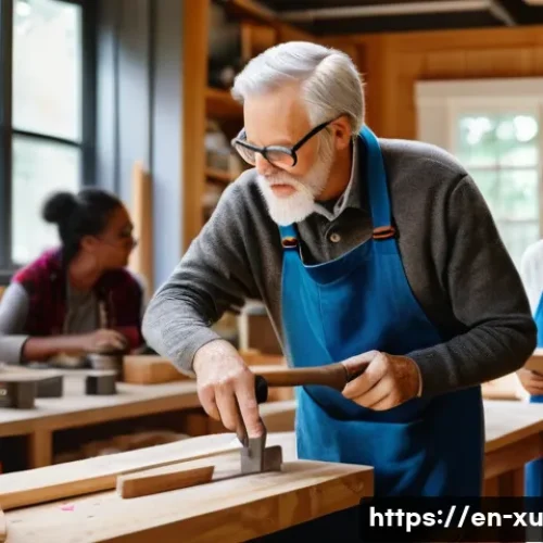 DIY 커뮤니티의 사회적 가치 - A vibrant, cozy woodworking workshop scene showing a diverse group of people—an elderly white man wi...