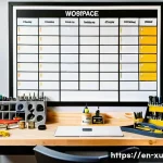 DIY 프로젝트 목록 작성 방법 - A well-organized DIY workspace featuring a sturdy wooden workbench bathed in natural light from a ne...