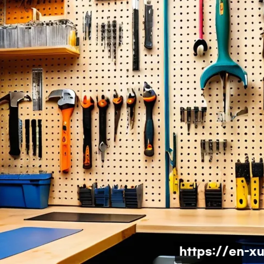 DIY 프로젝트를 위한 도구 추천 - A well-organized DIY workspace featuring a sturdy wooden workbench with neatly arranged essential ha...