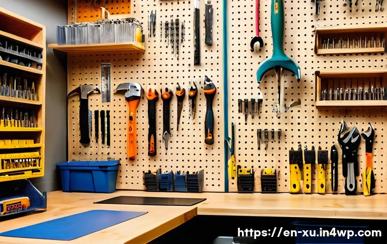 DIY 프로젝트를 위한 도구 추천 - A well-organized DIY workspace featuring a sturdy wooden workbench with neatly arranged essential ha...