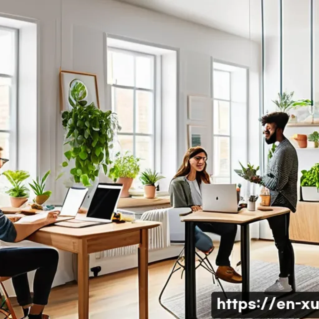 DIY 제작을 위한 클라우드 기반 도구 사용 방법 - A modern creative workspace featuring a diverse group of people collaborating on a DIY furniture des...