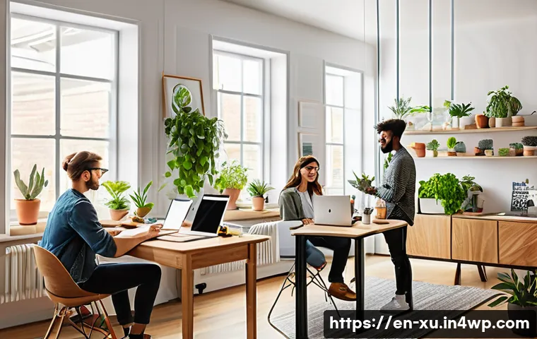 DIY 제작을 위한 클라우드 기반 도구 사용 방법 - A modern creative workspace featuring a diverse group of people collaborating on a DIY furniture des...