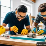 Home 21 DIY 커뮤니티에서의 경험 공유의 가치 - A diverse group of people collaborating enthusiastically in a bright, modern makerspace filled with ...