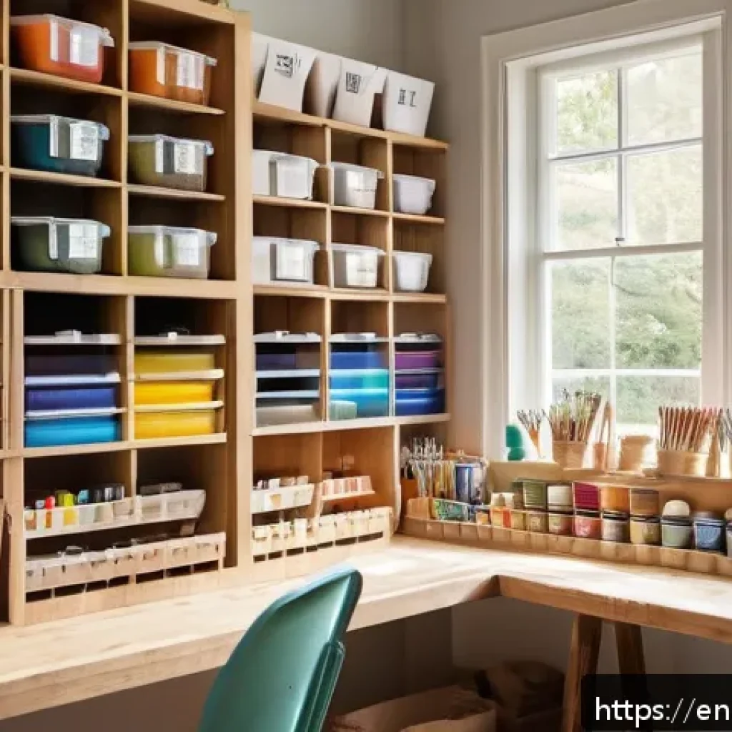 DIY 아이디어를 받는 방법 - A cozy, sunlit craft room featuring a neatly organized workspace with labeled bins, pegboards holdin...