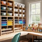 Home 20 DIY 아이디어를 받는 방법 - A cozy, sunlit craft room featuring a neatly organized workspace with labeled bins, pegboards holdin...