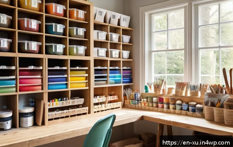DIY 아이디어를 받는 방법 - A cozy, sunlit craft room featuring a neatly organized workspace with labeled bins, pegboards holdin...
