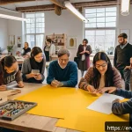 Home 18 DIY 제작 커뮤니티의 성공 사례 - A diverse group of creative individuals gathered in a cozy, well-lit maker space, sharing their DIY ...