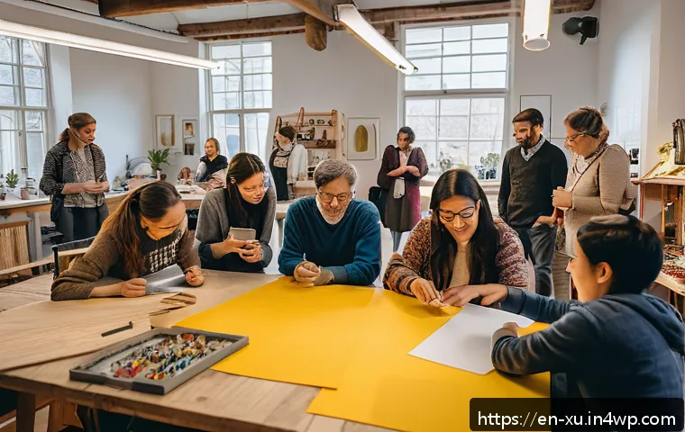 DIY 제작 커뮤니티의 성공 사례 - A diverse group of creative individuals gathered in a cozy, well-lit maker space, sharing their DIY ...