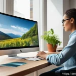Home 23 DIY 제작 템플릿 활용 방법 - A modern workspace scene featuring a diverse designer using Adobe Illustrator on a large high-resolu...