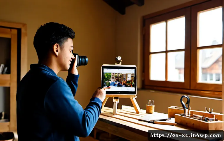 Home 17 DIY 제작 커뮤니티의 소셜미디어 활용 - Photorealistic home workshop scene showing a friendly adult DIY maker photographing a freshly built ...