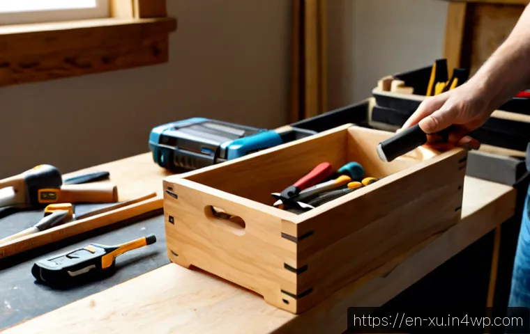 Home 17 DIY 제작 커뮤니티에서의 성공 전략 - Photorealistic home workshop scene showing a confident DIY maker assembling a small wooden storage b...
