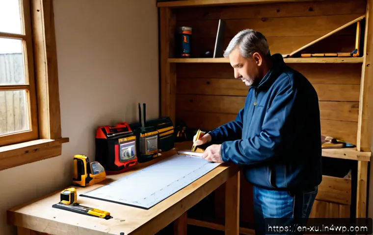 Home 17 DIY 프로젝트의 목표 및 평가 기준 - Photorealistic home workshop scene showing a middle-aged DIY enthusiast evaluating a finished wooden...